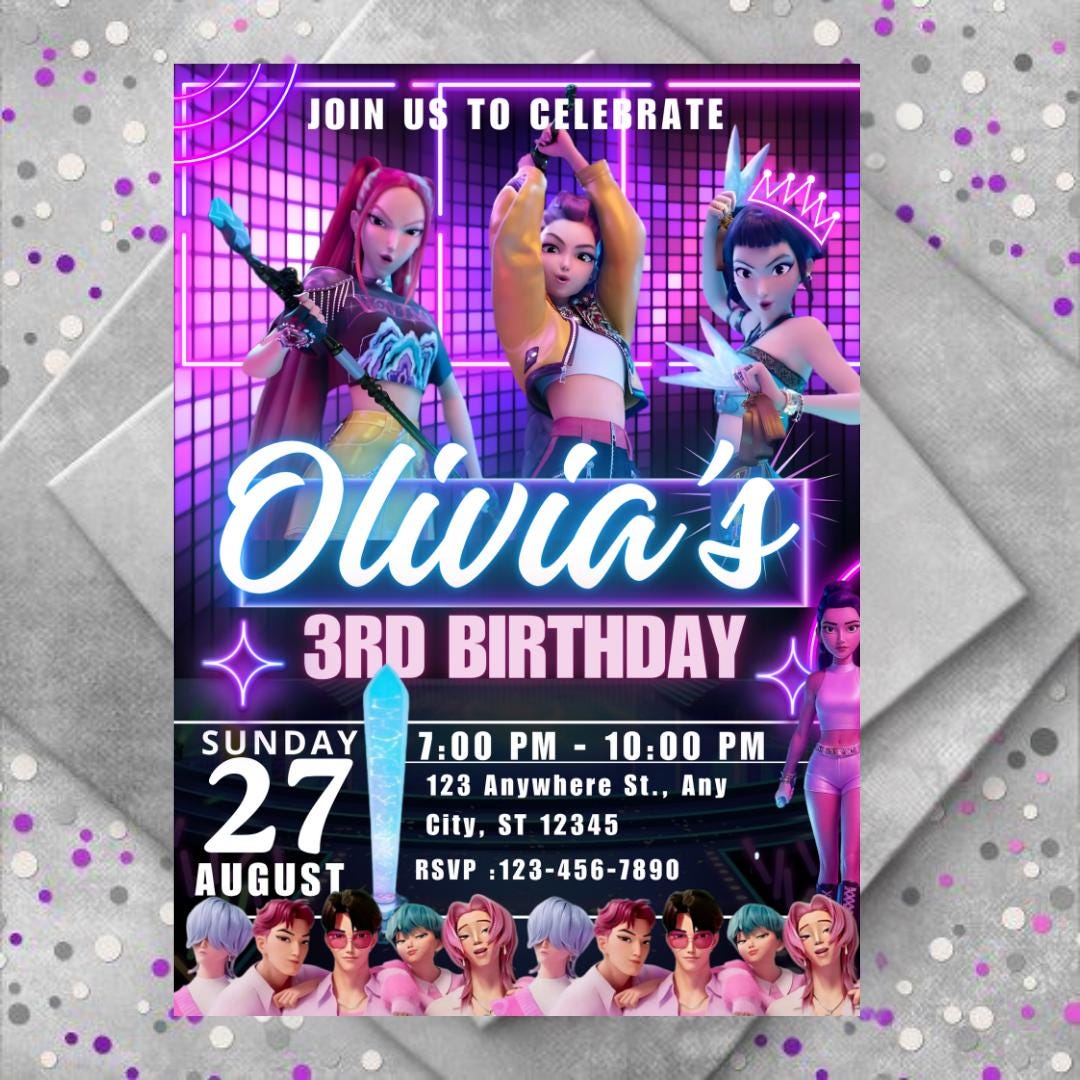 Kpop Demon Hunters Birthday Invitation,  kpop theme demon hunter party, editable party invite, demon huntrix birthay party decor for fun IV