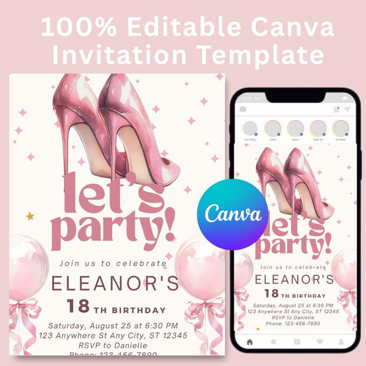 Invito di compleanno con tacchi rosa: elegante modello modificabile Canva