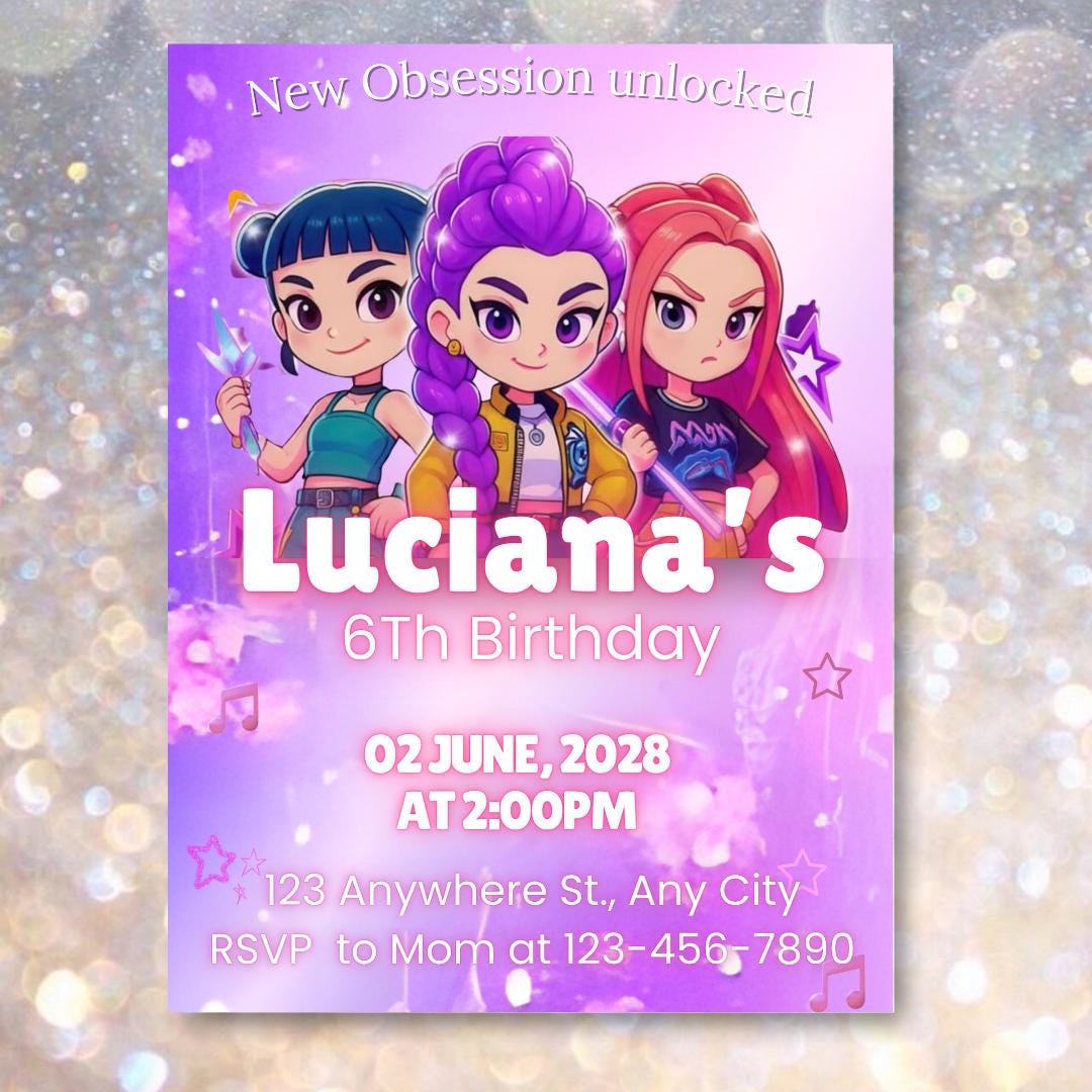 Invito modificabile per bambini Anime Kpop, invito Neon Kpop Demon Hunters, inviti stampabili per ragazze di compleanno Anime Kpop