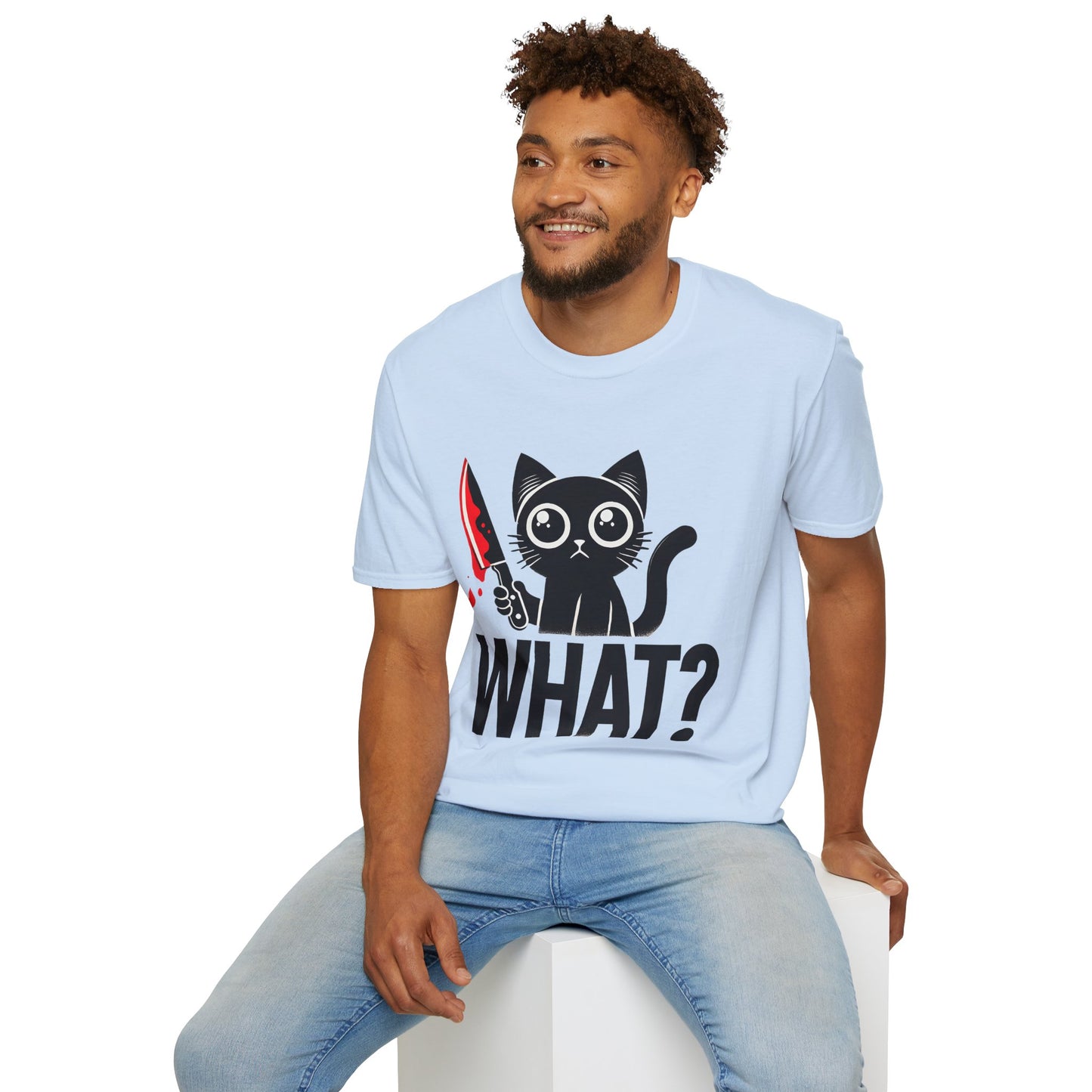 WHAT? Black Cat Holding Bloody Knife T-Shirt — Funny Cute Dark Humor Tee