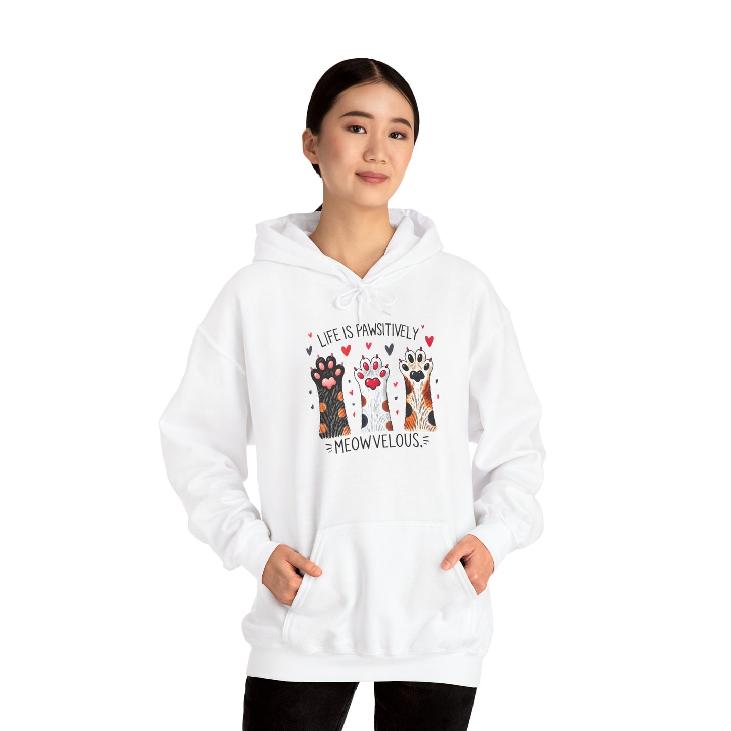 Cat Lover Hoodie — "Life is Pawsitively Meowvelous" Cute Cat Graphic Pullover