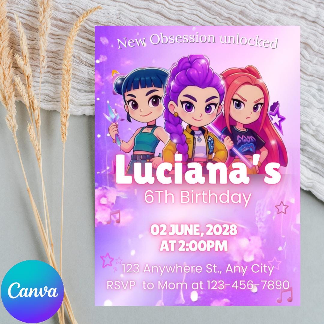 Invito modificabile per bambini Anime Kpop, invito Neon Kpop Demon Hunters, inviti stampabili per ragazze di compleanno Anime Kpop