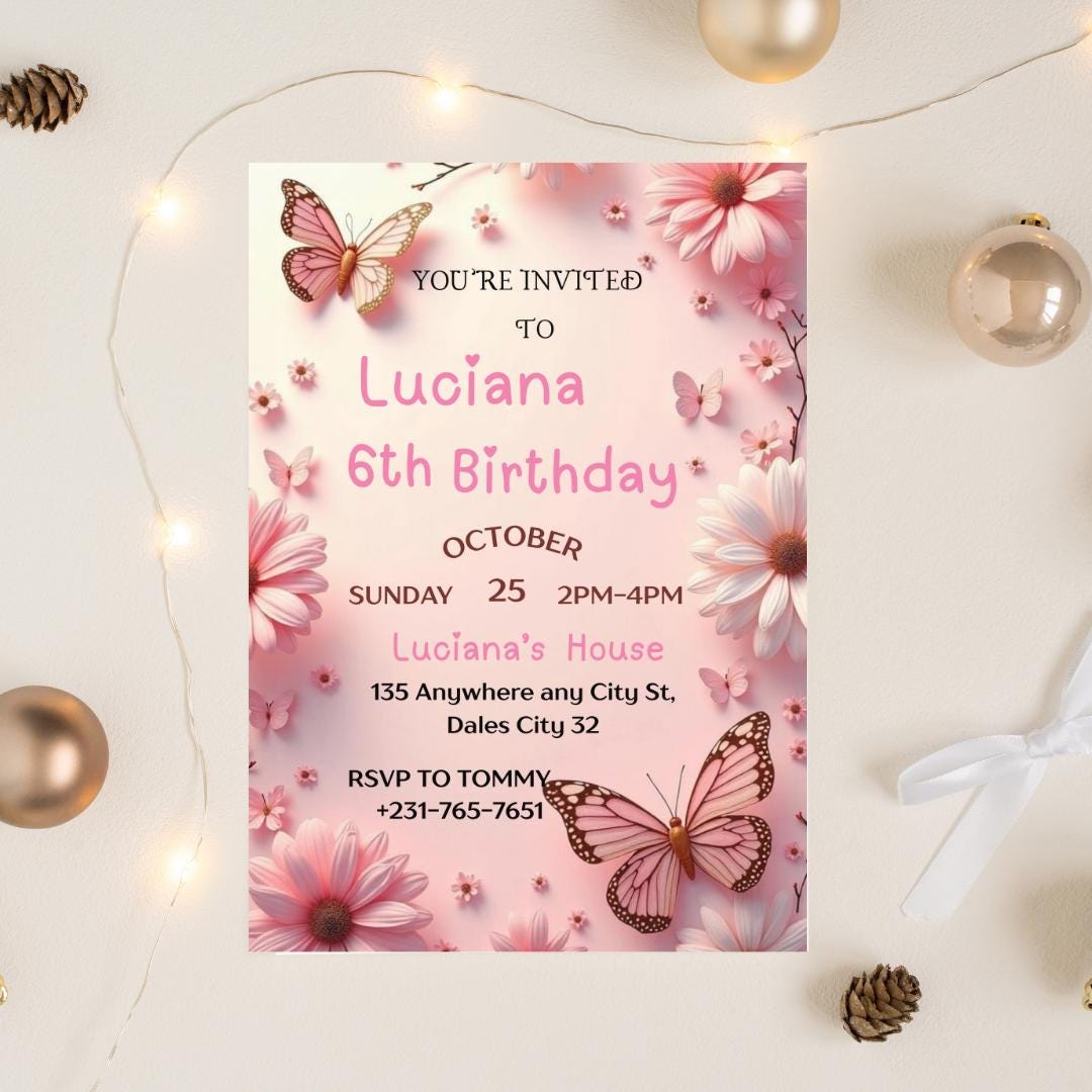 Butterfly Birthday Invitation: Purple Floral, Girl Party (Editable Canva Template)