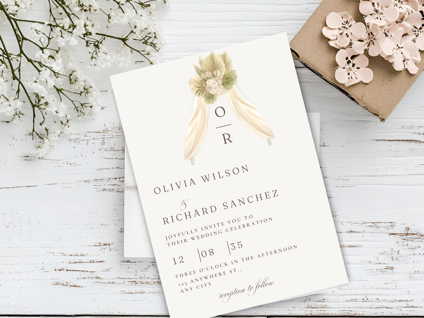 Rustic Monogram Wedding Invitation: Beige Floral Canva Template