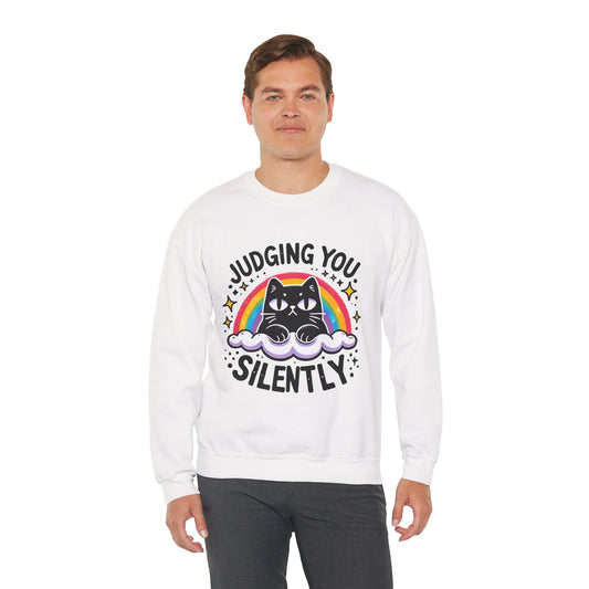 Judging You Silently Sweatshirt — Cute Black Cat Rainbow Crewneck