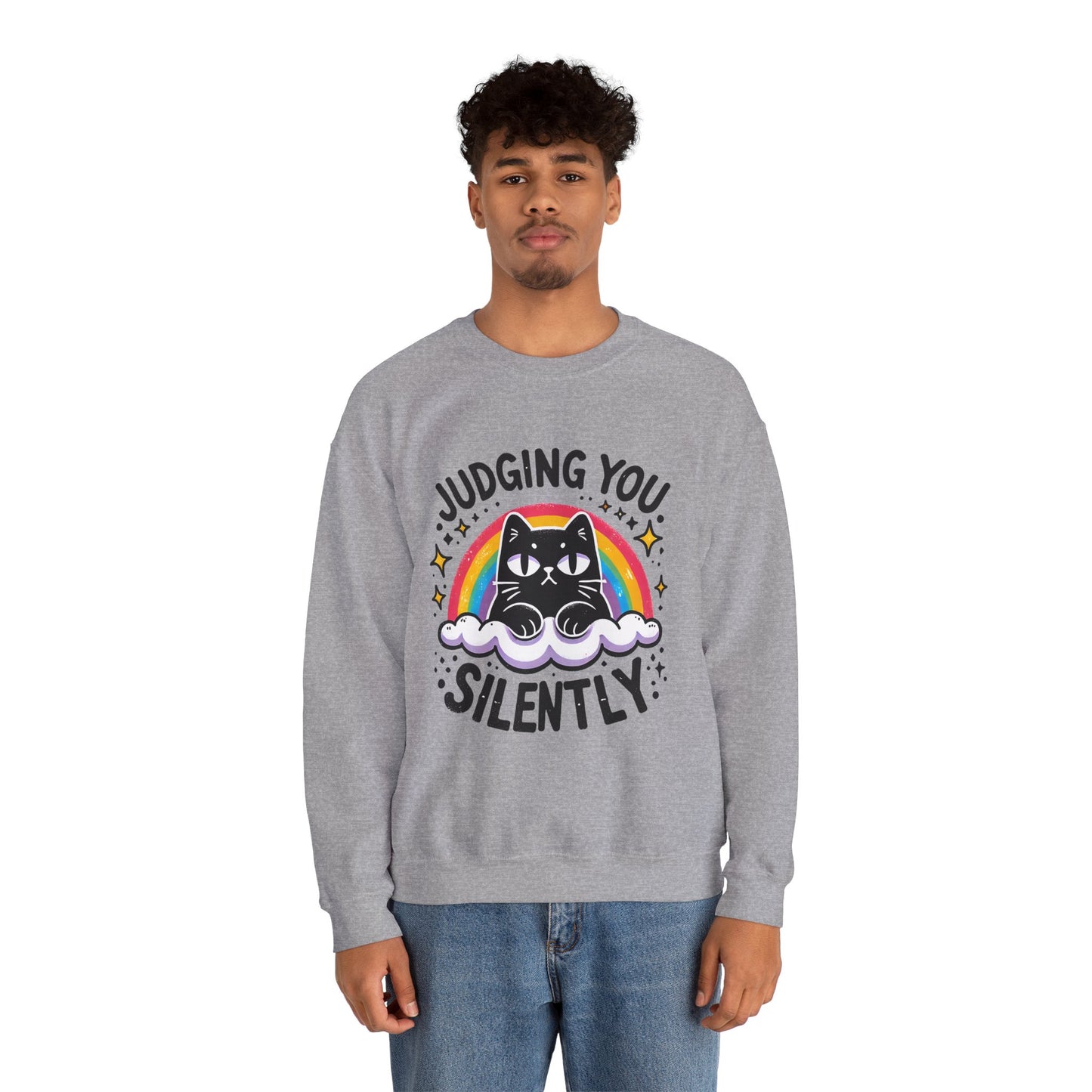Judging You Silently Sweatshirt — Cute Black Cat Rainbow Crewneck