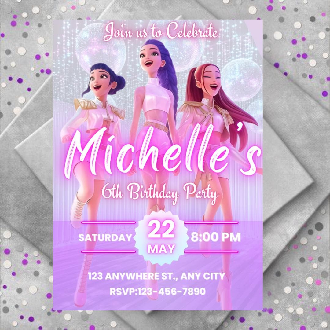 Invito di compleanno Kpop per bambini: Anime Monsters, modello Canva modificabile (download digitale)