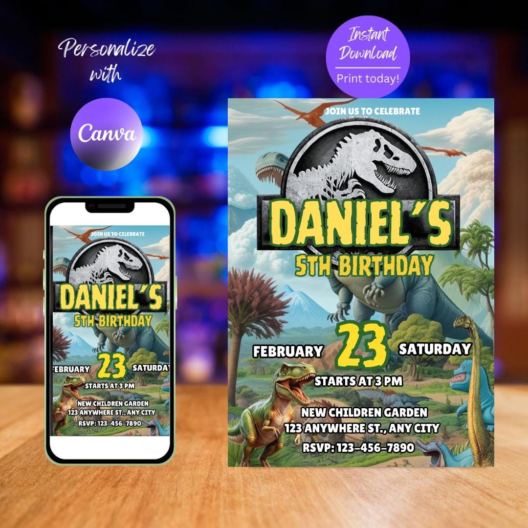 Invito di compleanno modificabile a tema dinosauri: festa T-Rex, ragazzi 1-4 anni (download digitale)