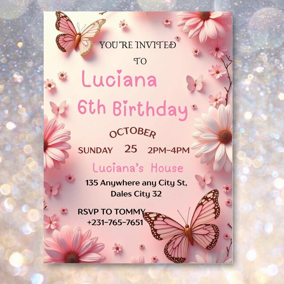 Butterfly Birthday Invitation: Purple Floral, Girl Party (Editable Canva Template)