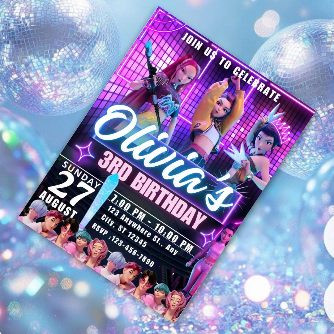 Kpop Demon Hunters Birthday Invitation,  kpop theme demon hunter party, editable party invite, demon huntrix birthay party decor for fun IV