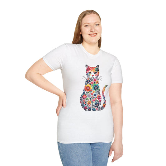 Floral Cat T‑Shirt — Colorful Flower Pattern Kitty Tee
