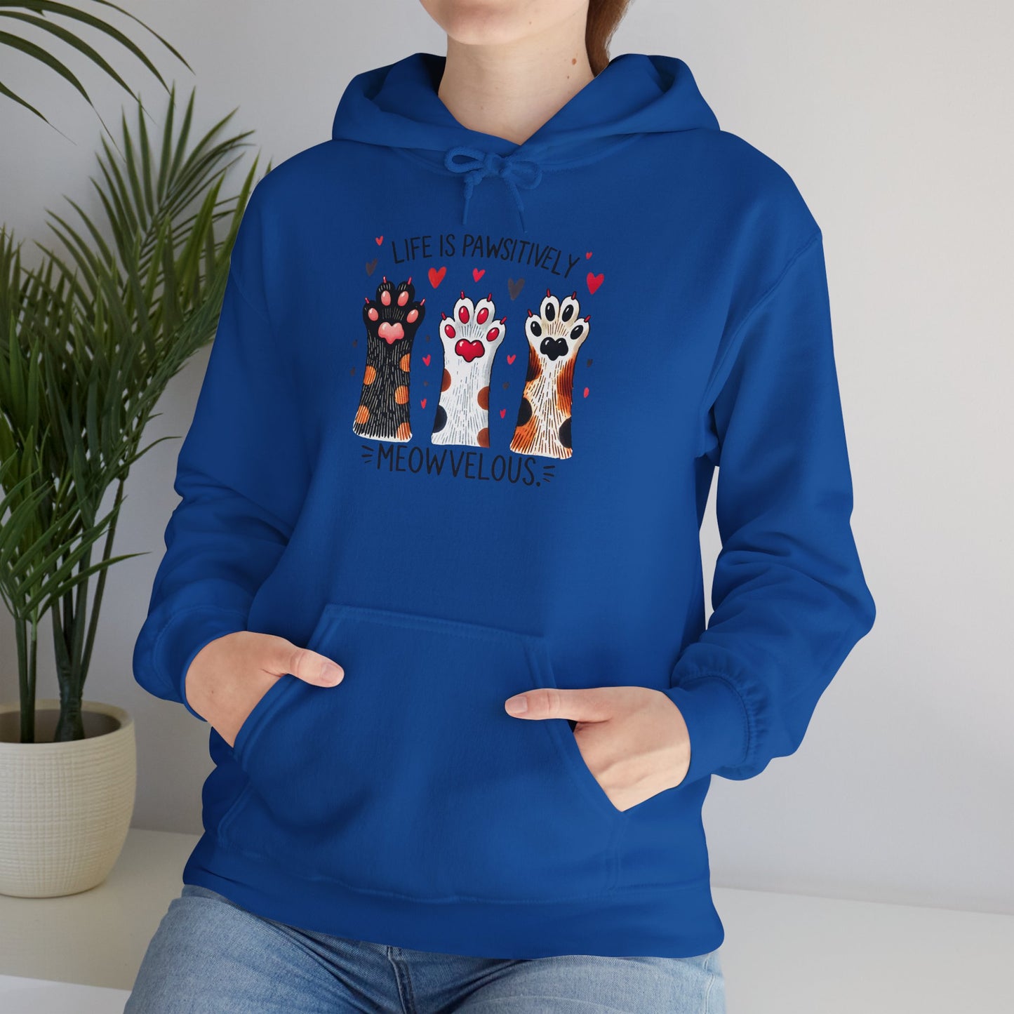 Cat Lover Hoodie — "Life is Pawsitively Meowvelous" Cute Cat Graphic Pullover