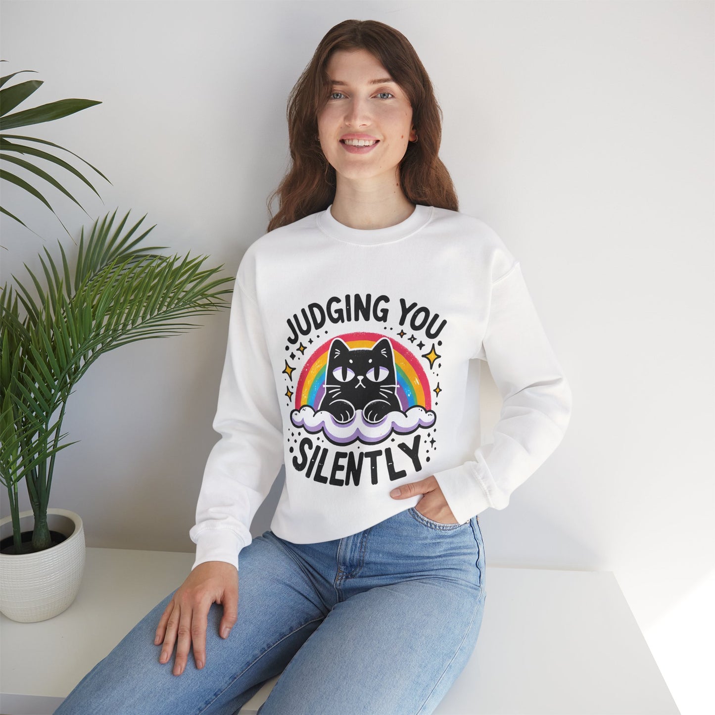 Judging You Silently Sweatshirt — Cute Black Cat Rainbow Crewneck