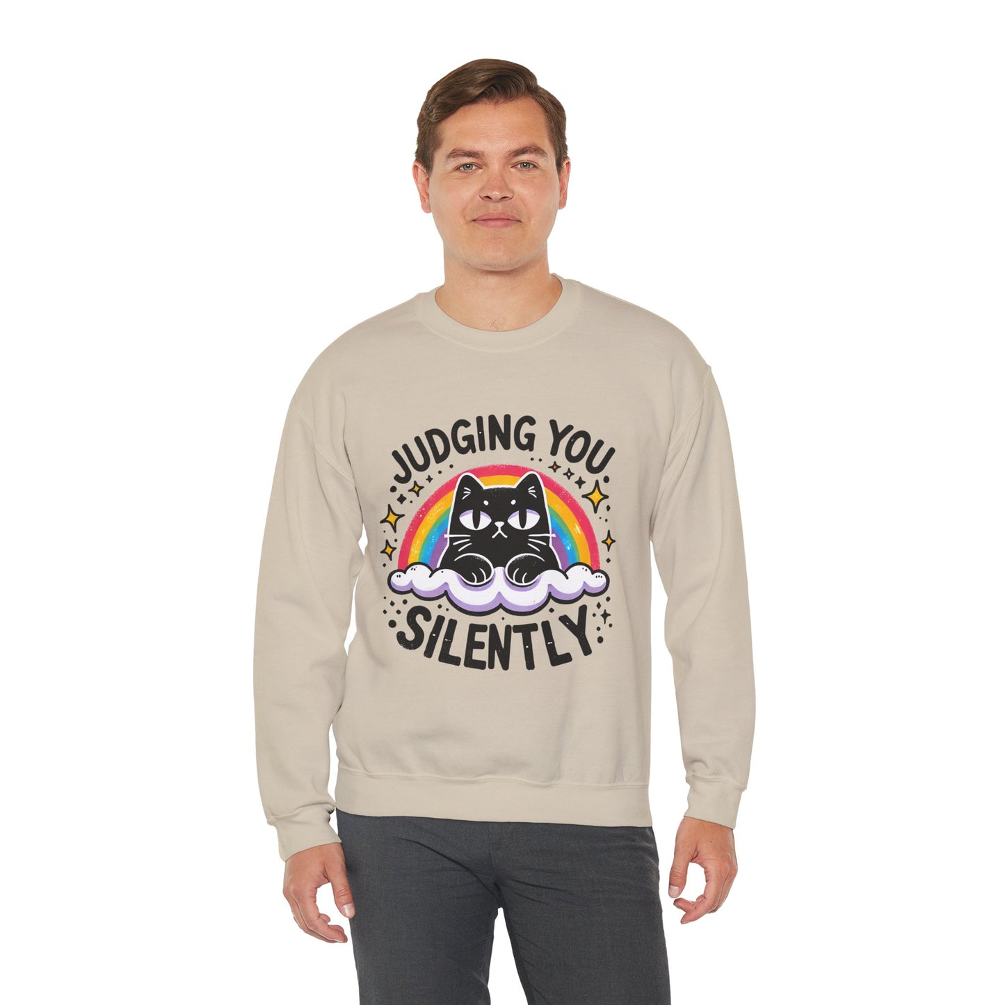 Judging You Silently Sweatshirt — Cute Black Cat Rainbow Crewneck