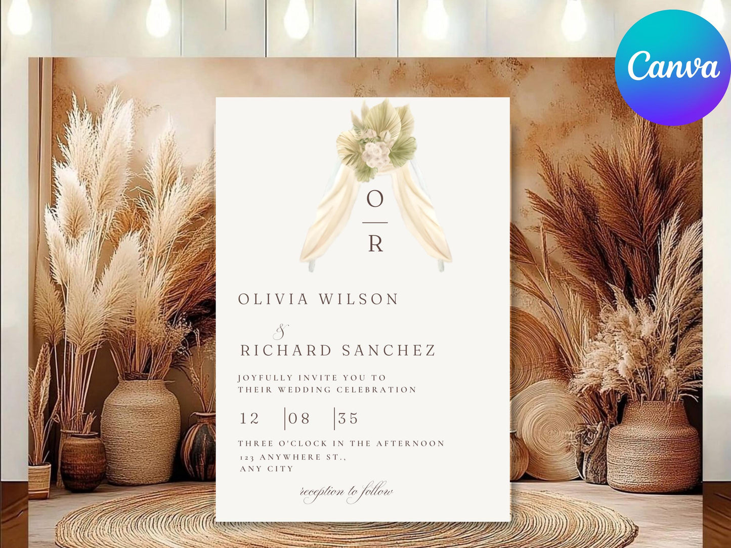 Rustic Monogram Wedding Invitation: Beige Floral Canva Template