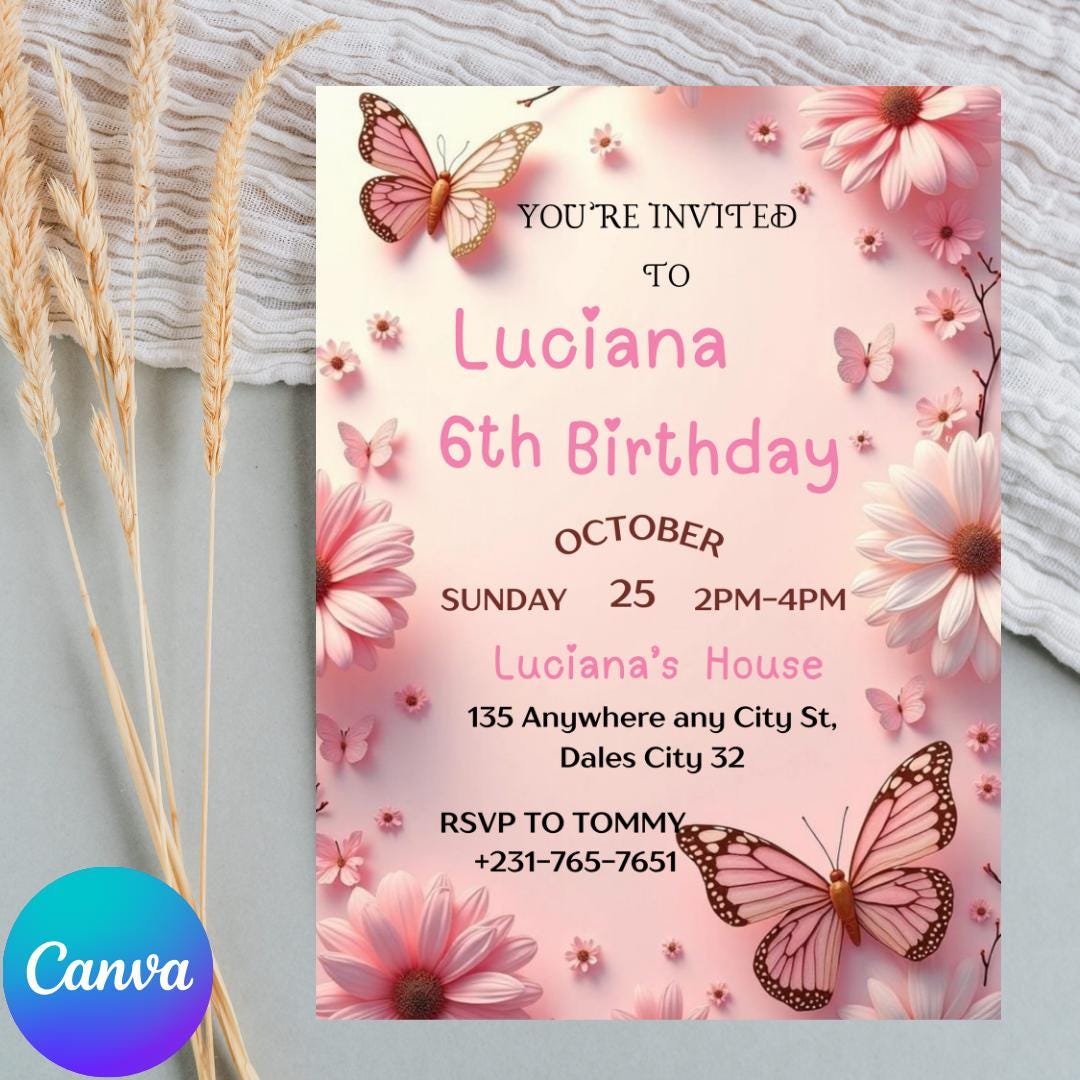 Invito di compleanno a forma di farfalla: floreale viola, festa per ragazze (modello Canva modificabile)