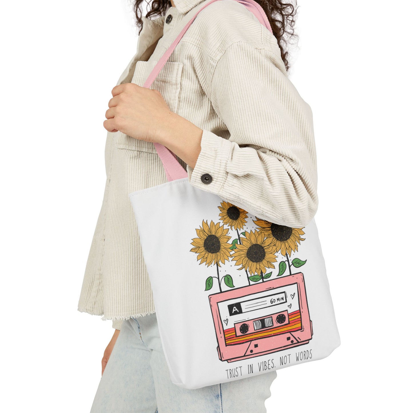 Sunflower Cassette Tote Bag — “Trust in Vibes, Not Wires” Canvas Tote