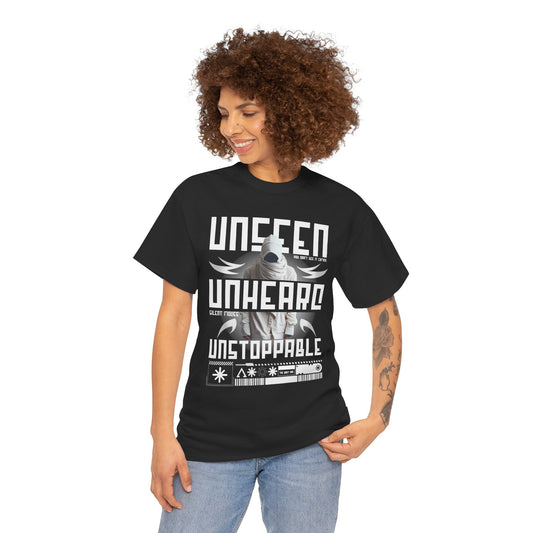 T-Shirt — "Unseen, Unheard, Unstoppable" Graphic Tee (Bold Futuristic Design)