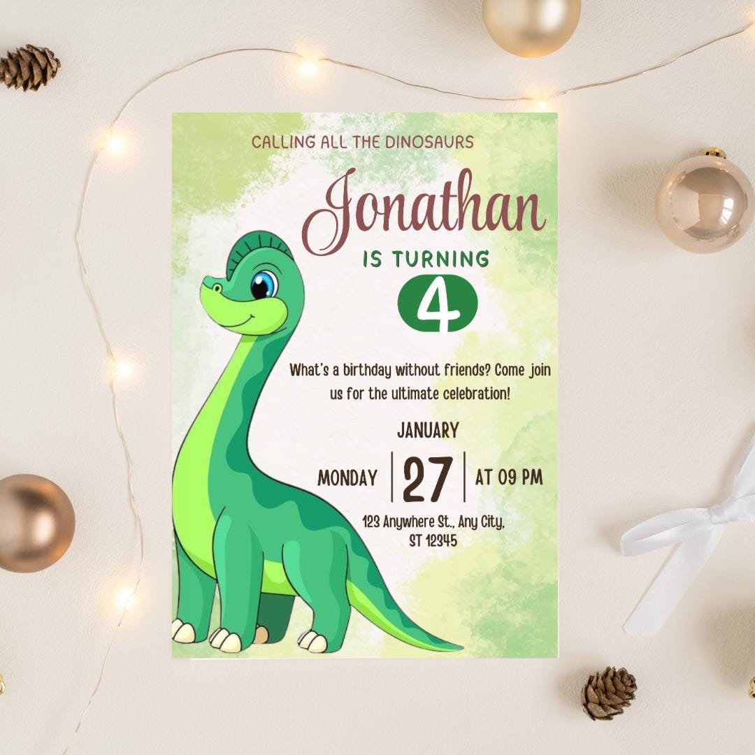 Invito per il terzo compleanno dei dinosauri: festa dei tre Rex, modello Canva modificabile