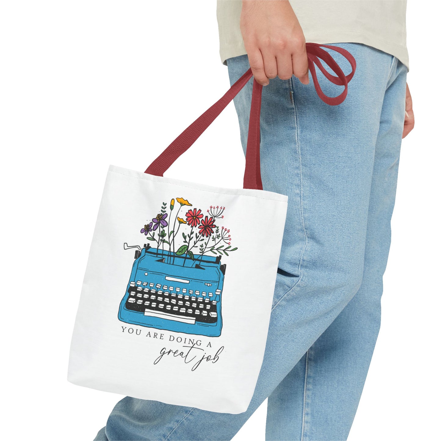 Typewriter Floral Tote — "You Are Doing a Great Job" Inspirational Canvas Bag