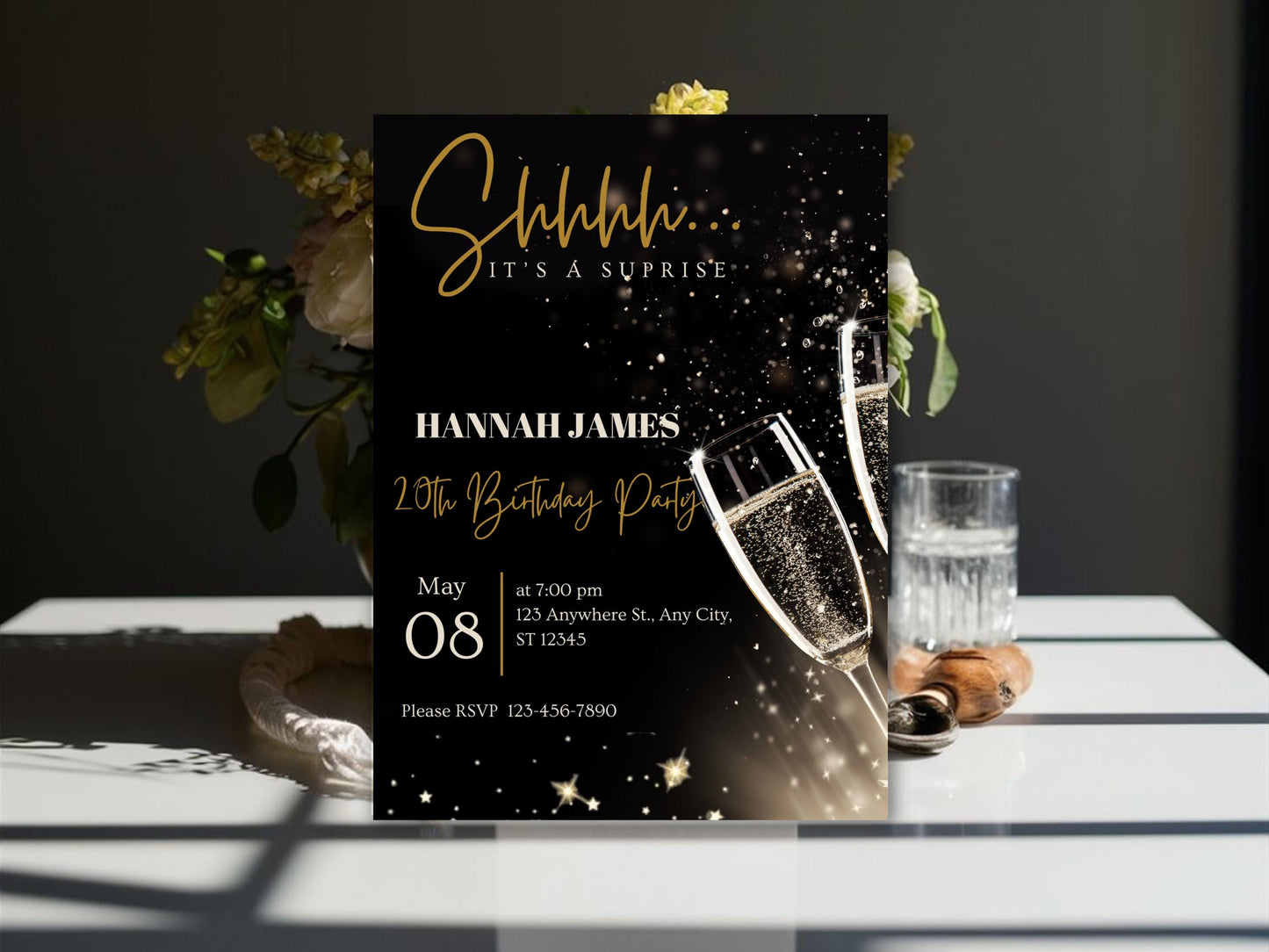 Invito di compleanno a sorpresa con glitter nero e oro (invito digitale)