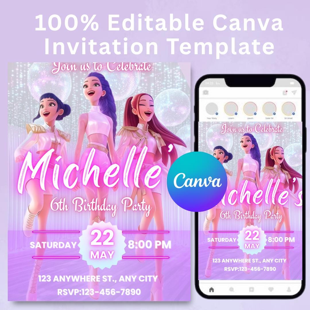 Invito di compleanno Kpop per bambini: Anime Monsters, modello Canva modificabile (download digitale)