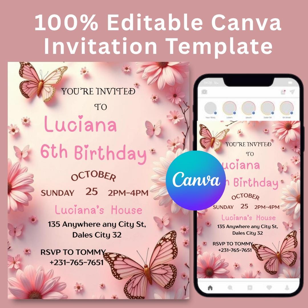 Invito di compleanno a forma di farfalla: floreale viola, festa per ragazze (modello Canva modificabile)