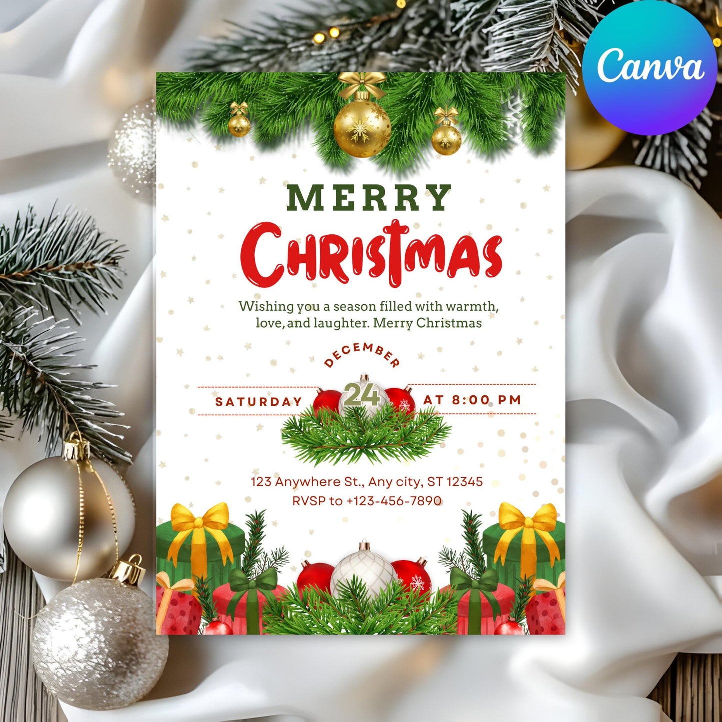 Merry Christmas Party Invitation: Editable Canva Template (Digital Download)