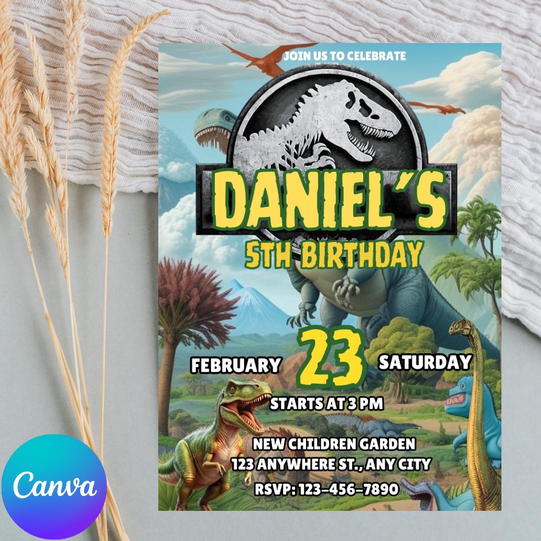 Invito di compleanno modificabile a tema dinosauri: festa T-Rex, ragazzi 1-4 anni (download digitale)