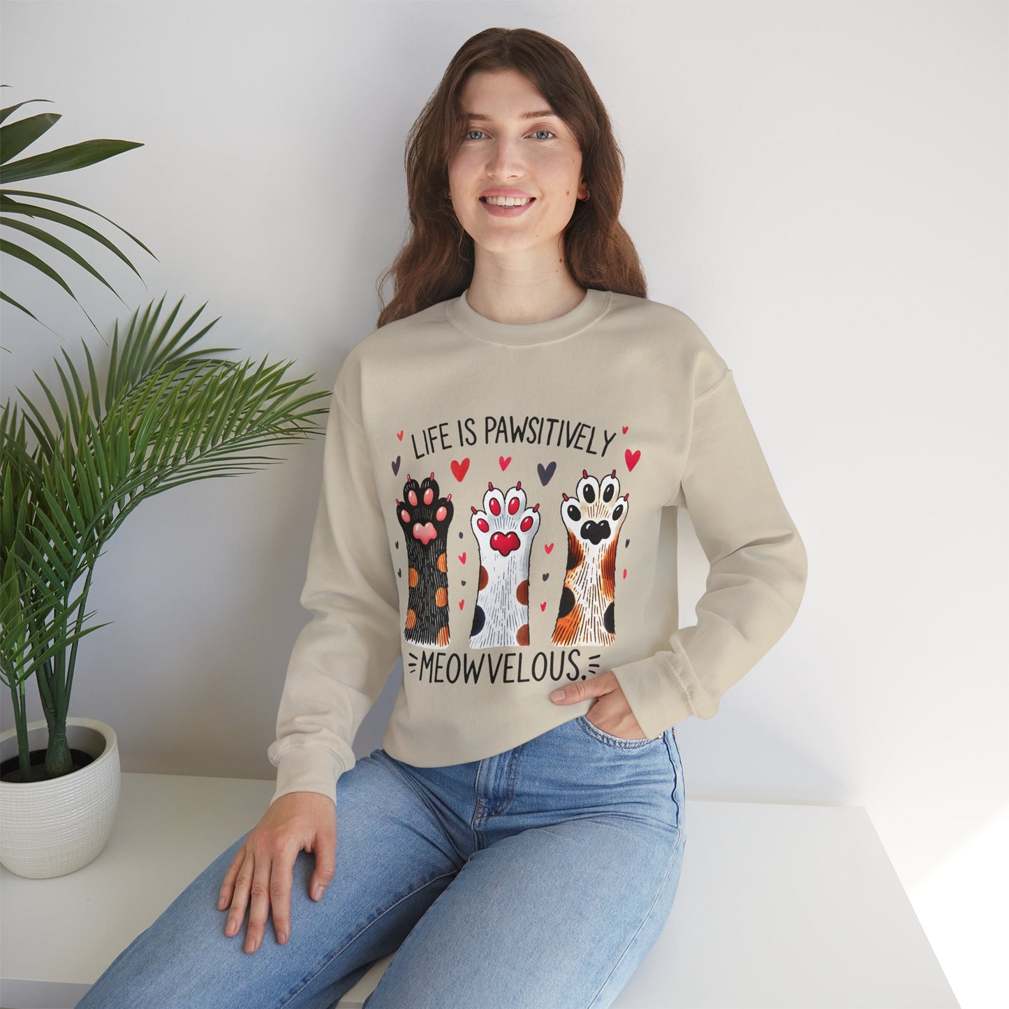 Cat Paw Sweatshirt – "Life Is Pawsitively Meowvelous" Cute Cat Lover Crewneck