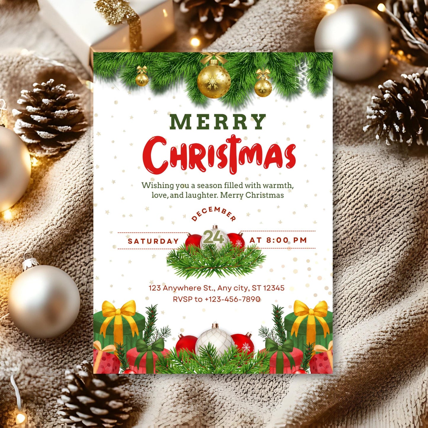 Merry Christmas Party Invitation: Editable Canva Template (Digital Download)