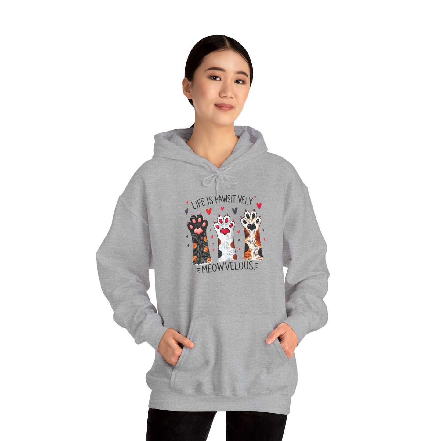 Cat Lover Hoodie — "Life is Pawsitively Meowvelous" Cute Cat Graphic Pullover