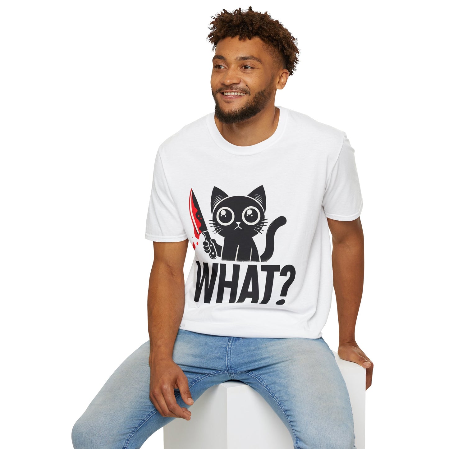 WHAT? Black Cat Holding Bloody Knife T-Shirt — Funny Cute Dark Humor Tee