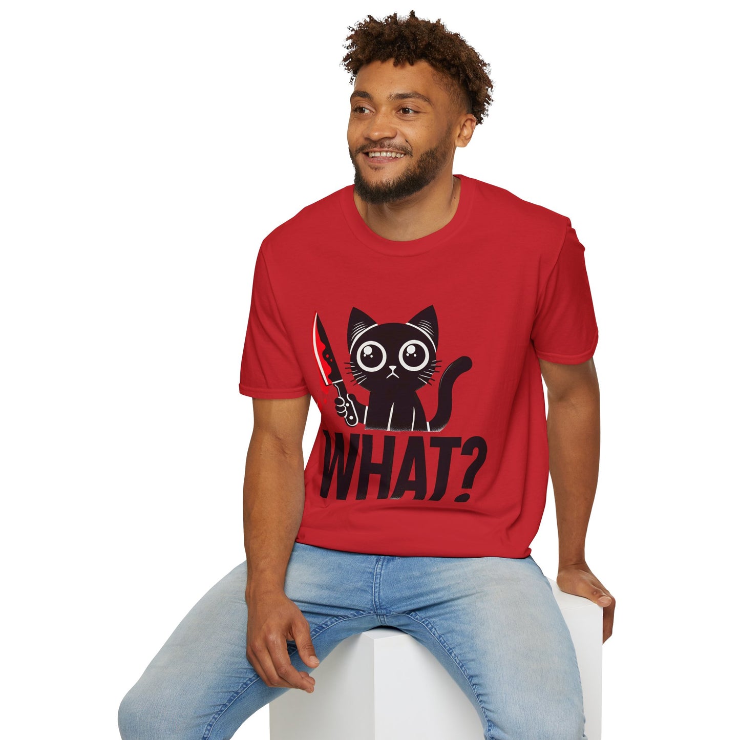WHAT? Black Cat Holding Bloody Knife T-Shirt — Funny Cute Dark Humor Tee
