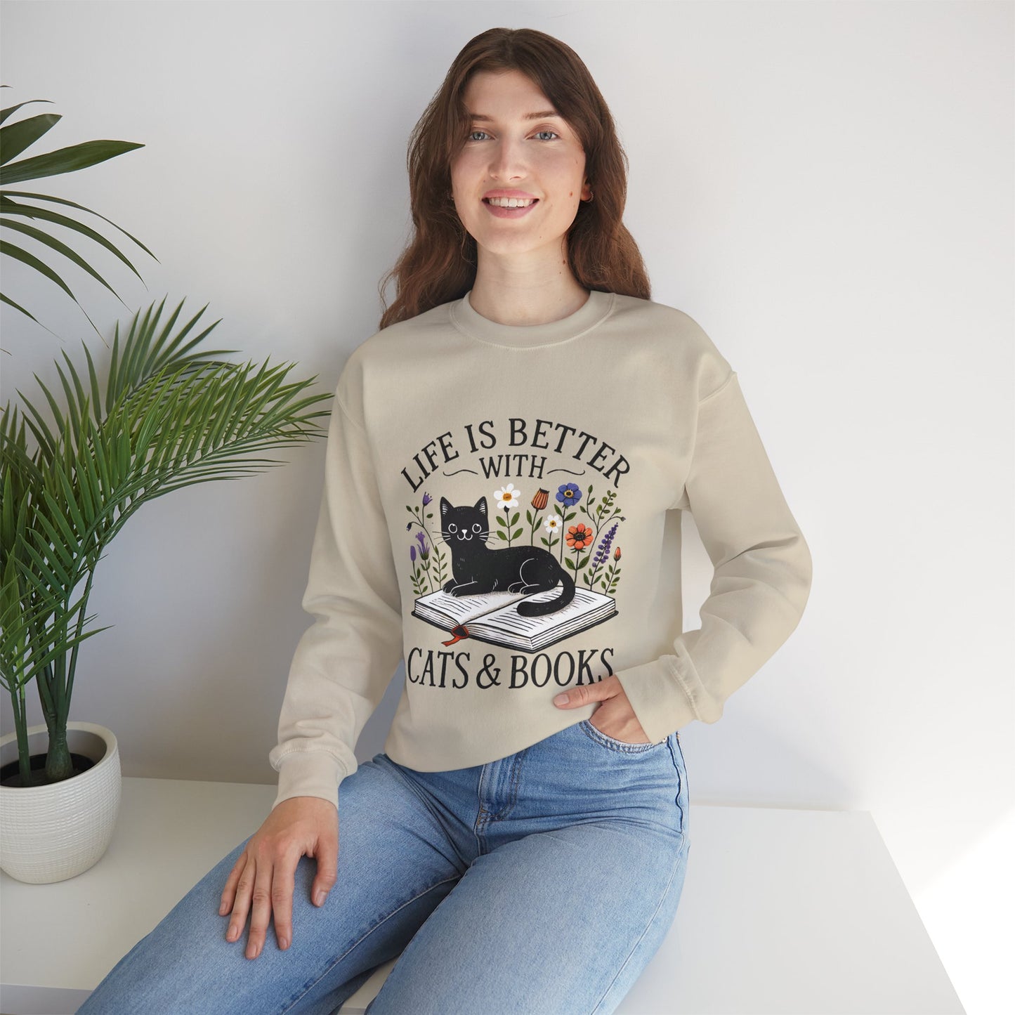 Cats & Books Sweatshirt — "Life Is Better With Cats & Books" Cozy Crewneck