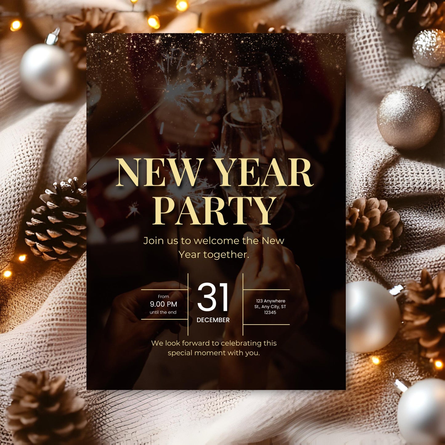 Invito di Capodanno 2026 modificabile: festa di Capodanno animata (download digitale)