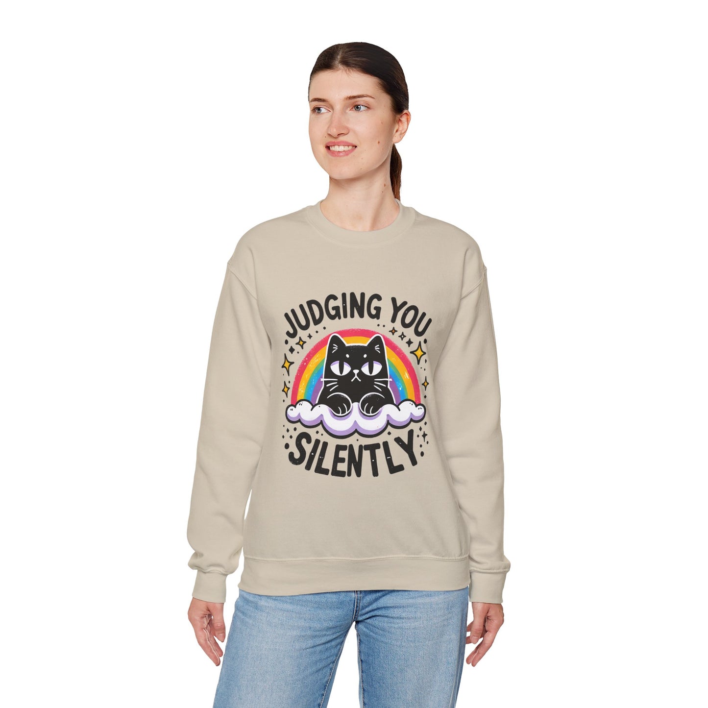 Judging You Silently Sweatshirt — Cute Black Cat Rainbow Crewneck