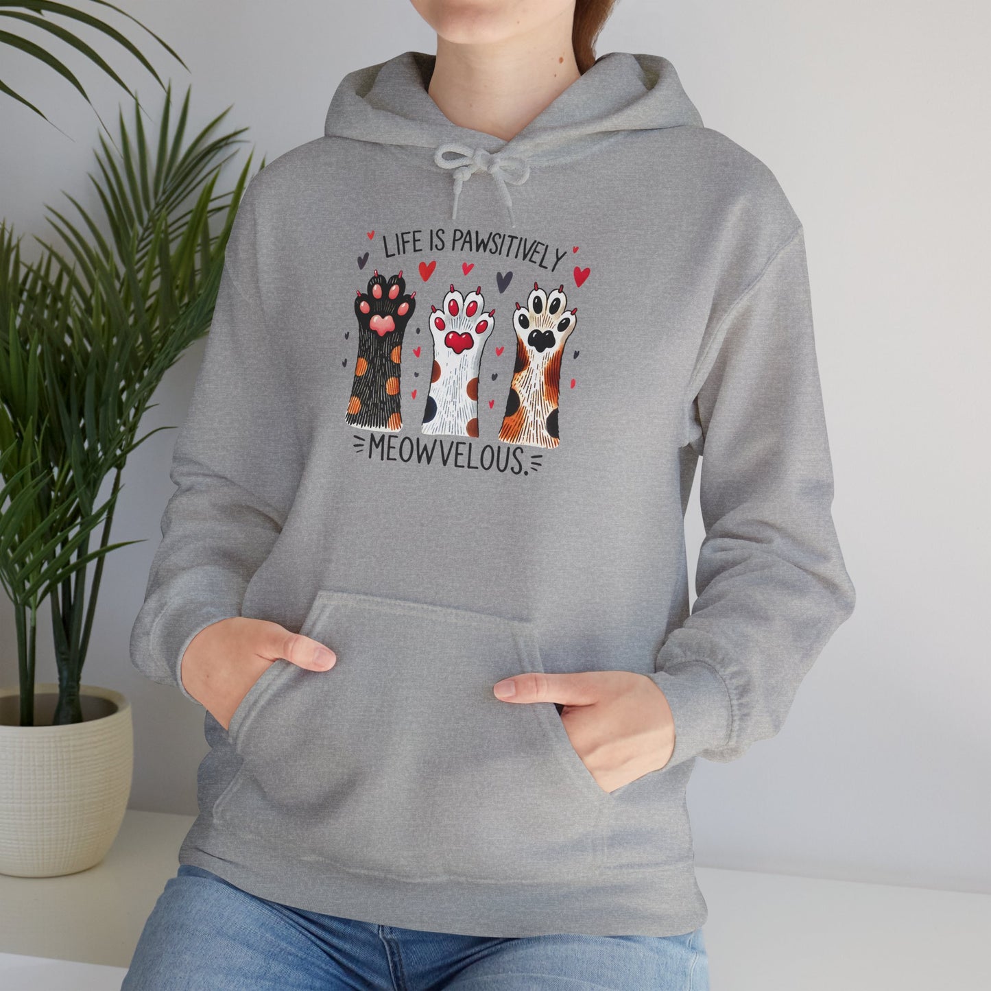 Cat Lover Hoodie — "Life is Pawsitively Meowvelous" Cute Cat Graphic Pullover