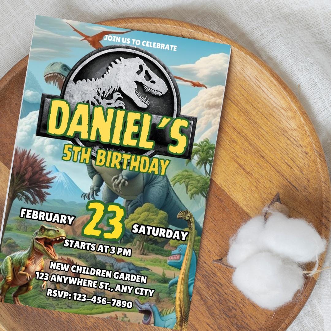 Invito di compleanno modificabile a tema dinosauri: festa T-Rex, ragazzi 1-4 anni (download digitale)