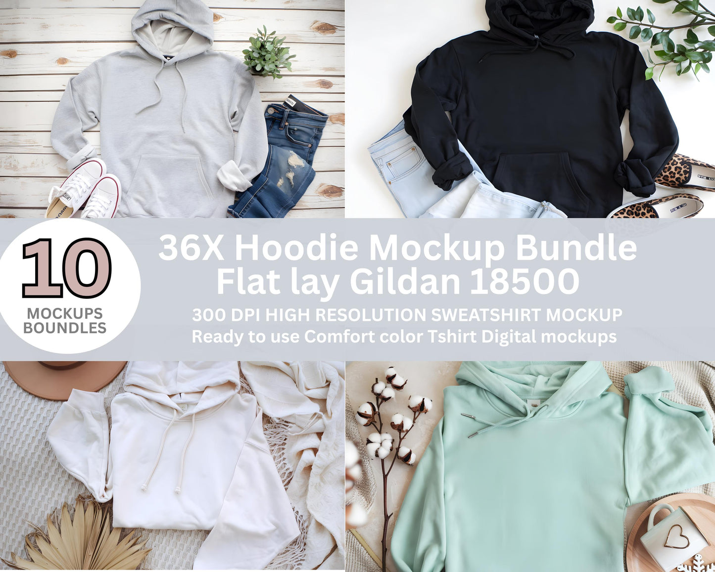 Gildan 18500 Felpa con cappuccio Mockup Bundle: Flat Lay, 36 colori (JPEG/PNG)