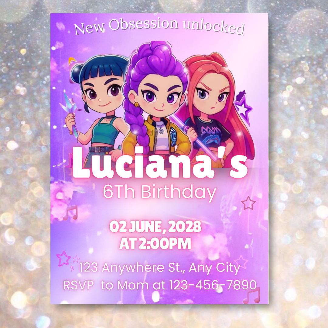 Editable Anime Kpop Anime Kids Invitation, Neon Kpop Demon Hunters Invitation KPop Anime Birthday Girls Printable Invitations