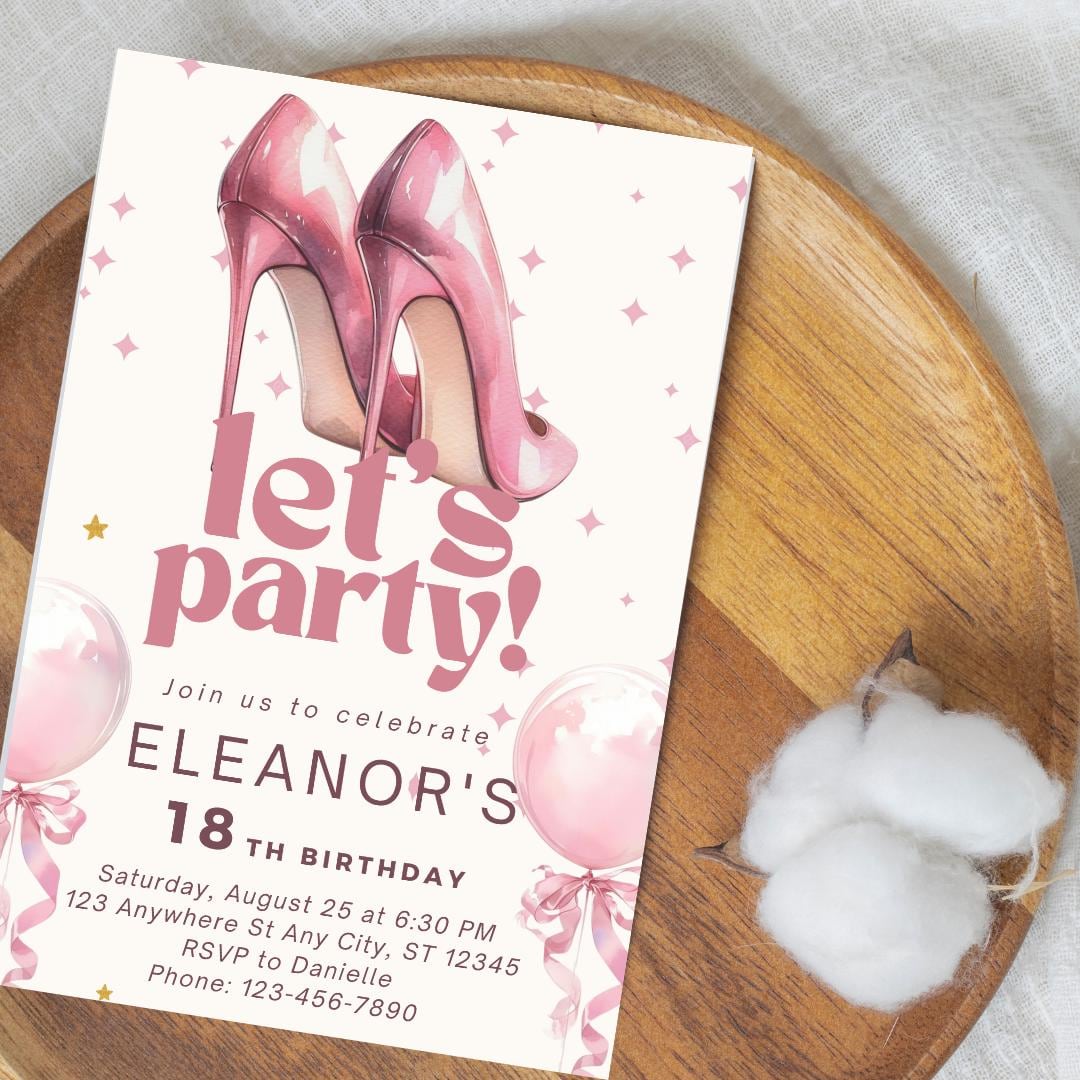 Invito di compleanno con tacchi rosa: elegante modello modificabile Canva