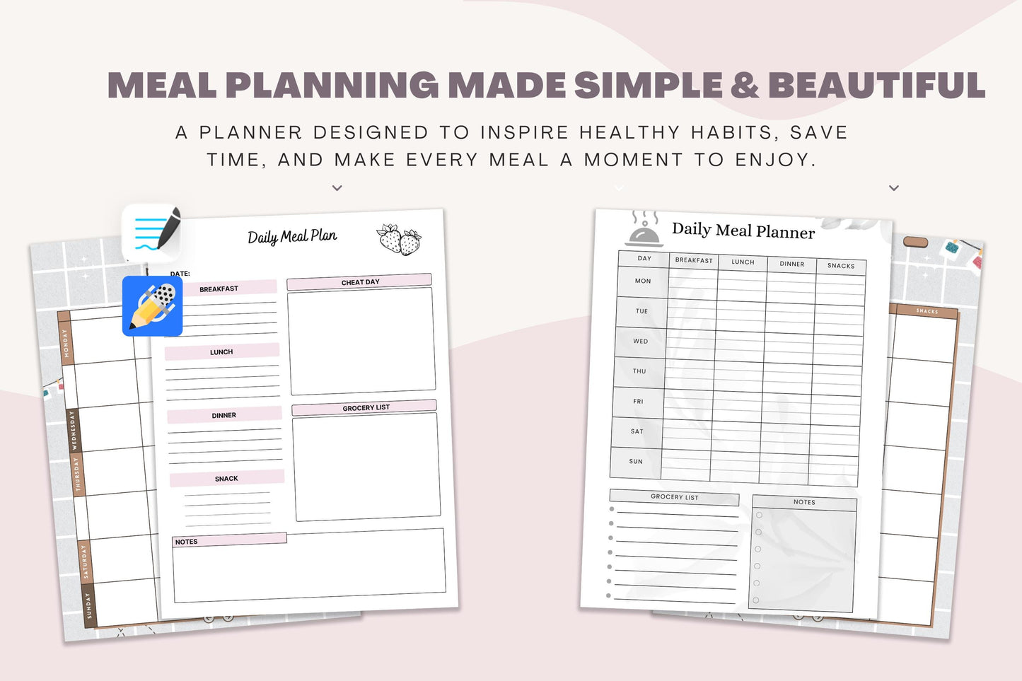 Planner pasti stampabile: organizzatore di menu settimanale e lista della spesa (download digitale)