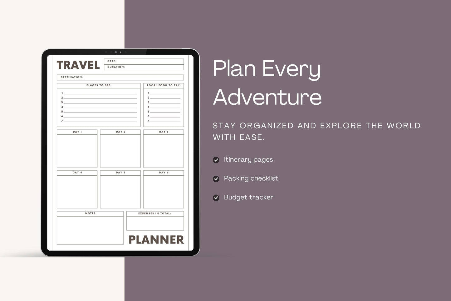 Planner di viaggio stampabile: modello di itinerario per le vacanze (PDF)