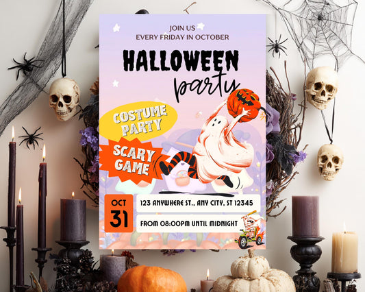 Invito alla festa di Halloween con parata di fantasmi: modello Canva spettrale e modificabile