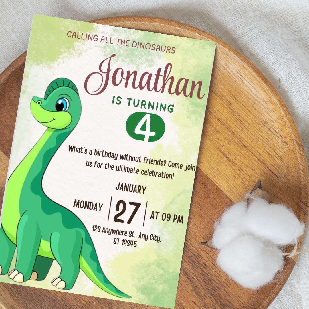 Dinosaur 3rd Birthday Invitation: Three-Rex Party, Editable Canva Template