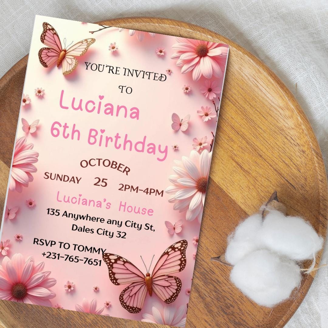 Invito di compleanno a forma di farfalla: floreale viola, festa per ragazze (modello Canva modificabile)