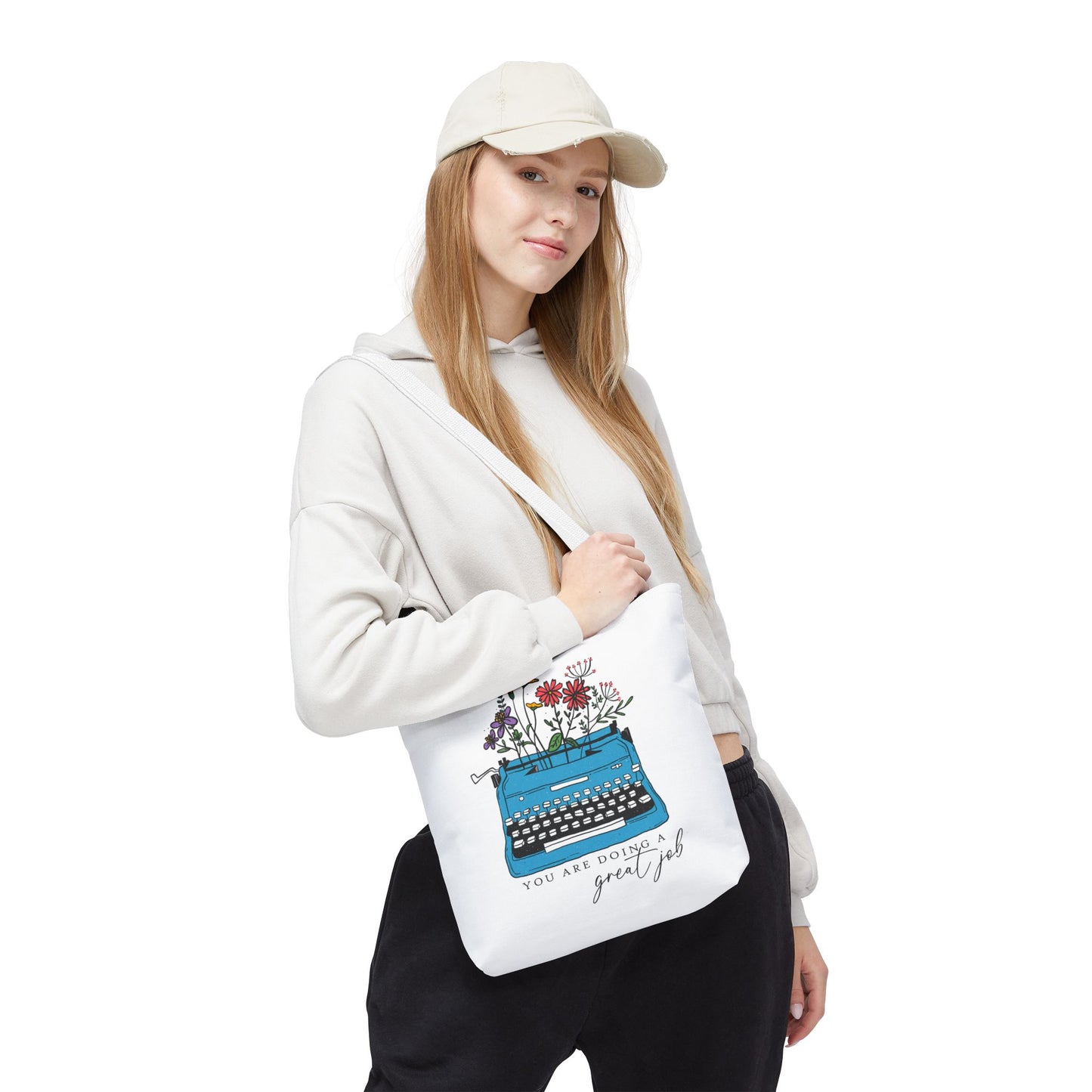 Typewriter Floral Tote — "You Are Doing a Great Job" Inspirational Canvas Bag