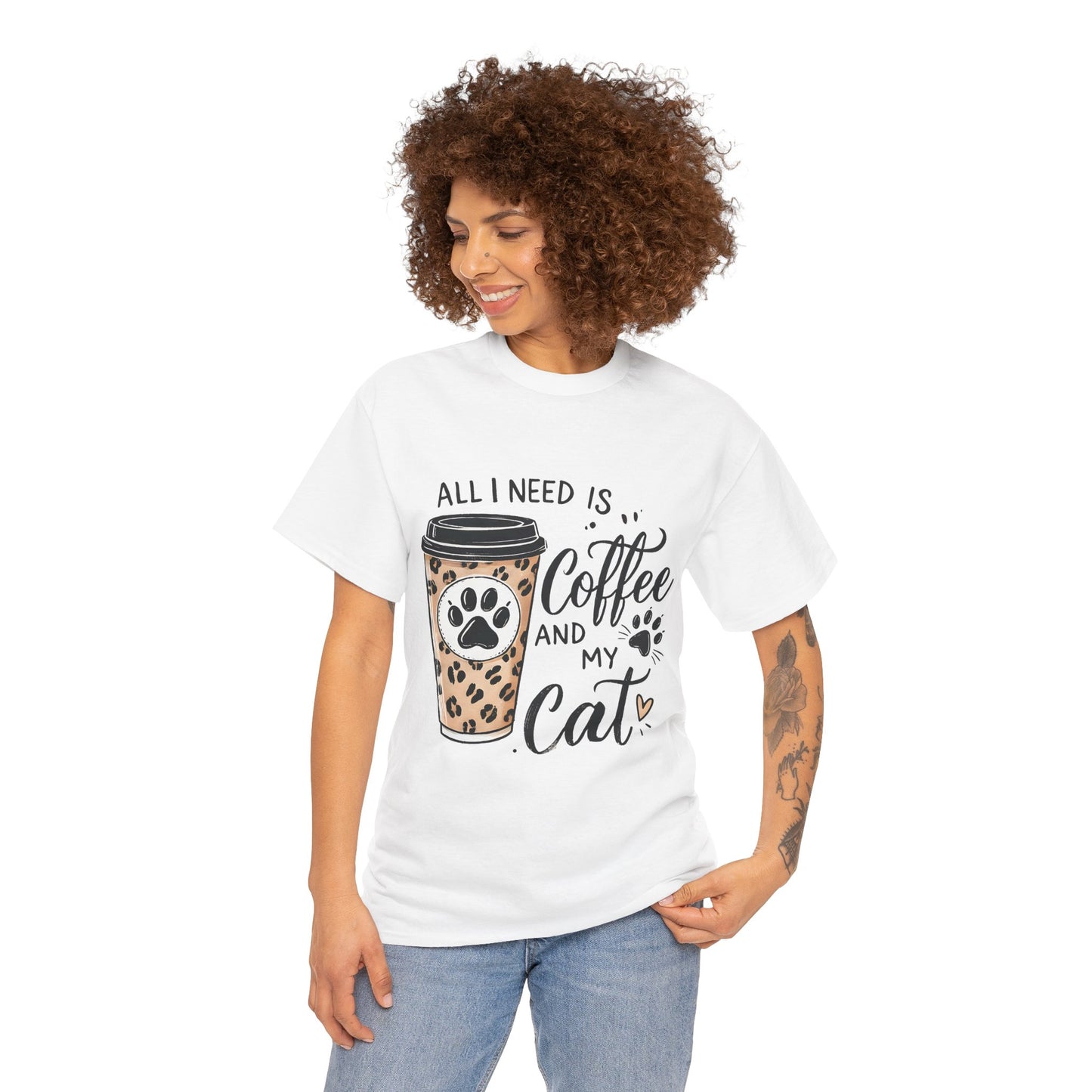 Coffee and My Cat T-Shirt — Leopard Coffee Cup Cat Paw Tee