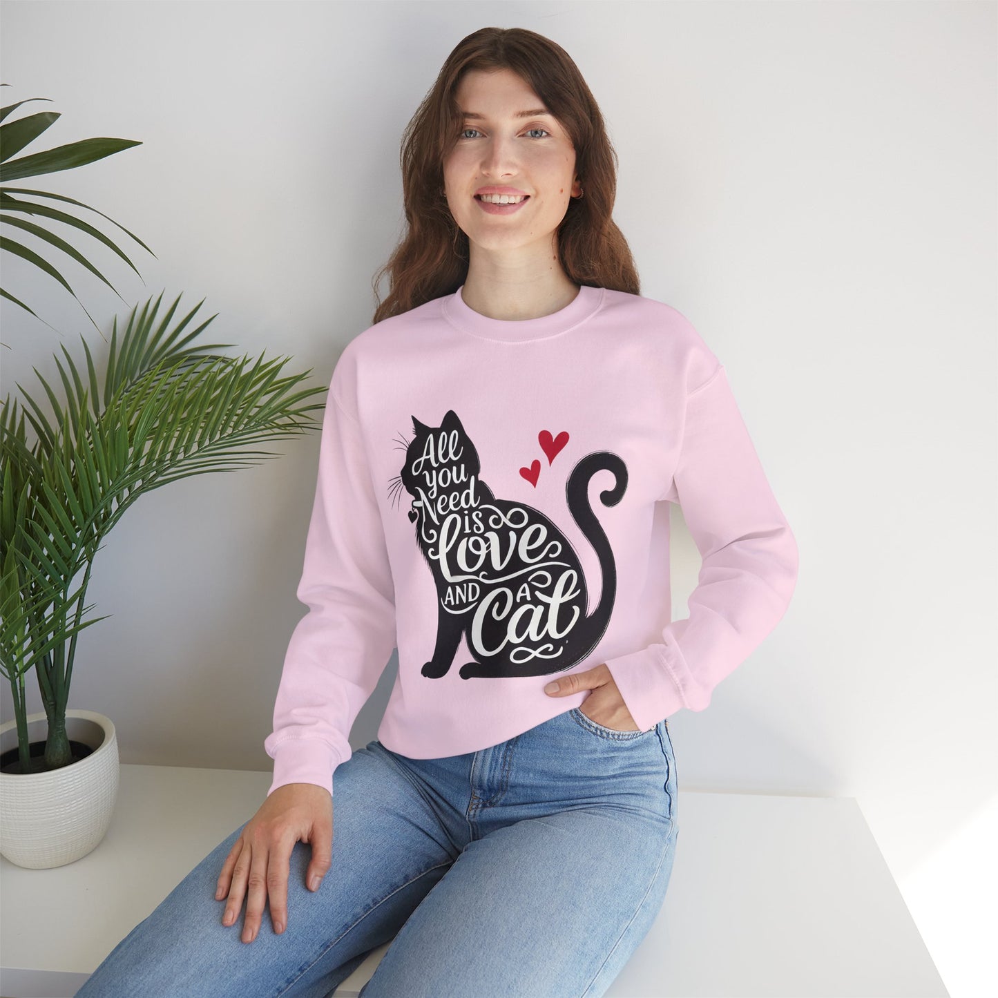 All You Need Is Love and a Cat sweatshirt - Cat Lover Crewneck Sweatshirt